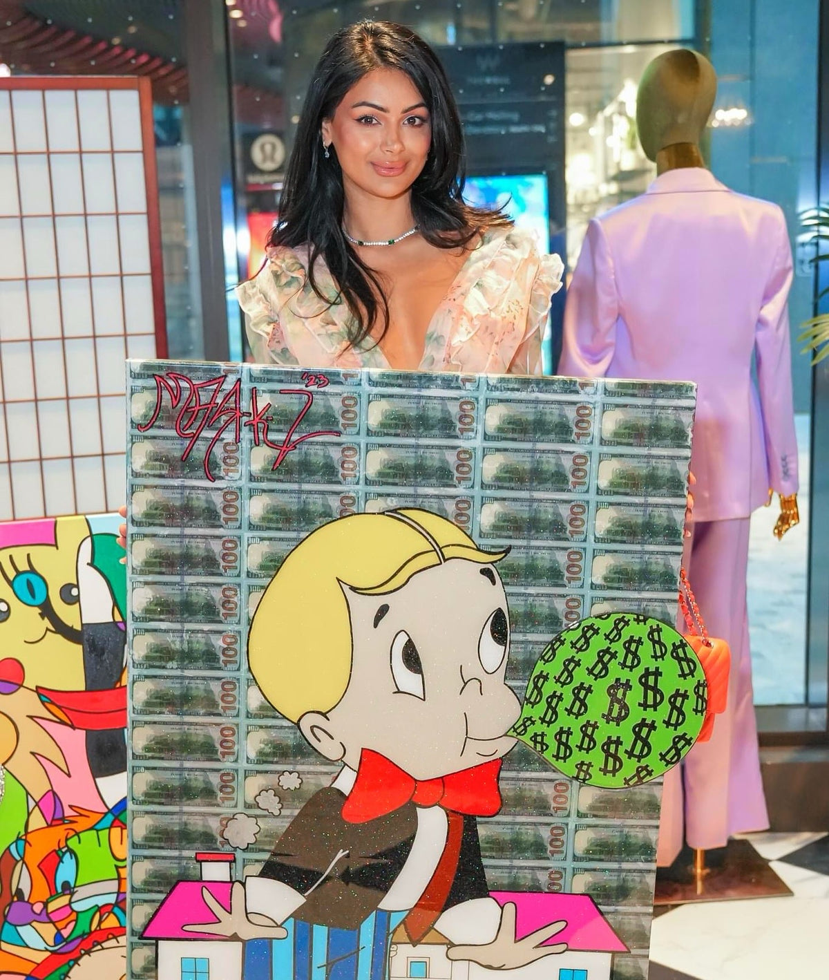 Blowing Money by Chris Marchese, Richie Rich blowing a dollar-sign bubble above a mansion against hundred-dollar bills