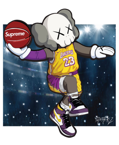 Cartoon character in a Lakers jersey holding a Supreme basketball against a starry background